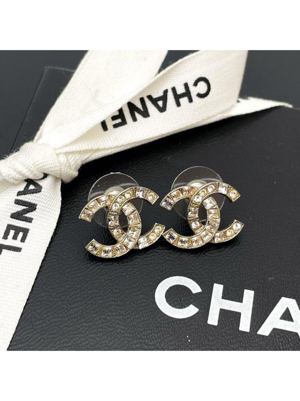 Chanel CC Logo Earrings Rhinestone Silver Icon